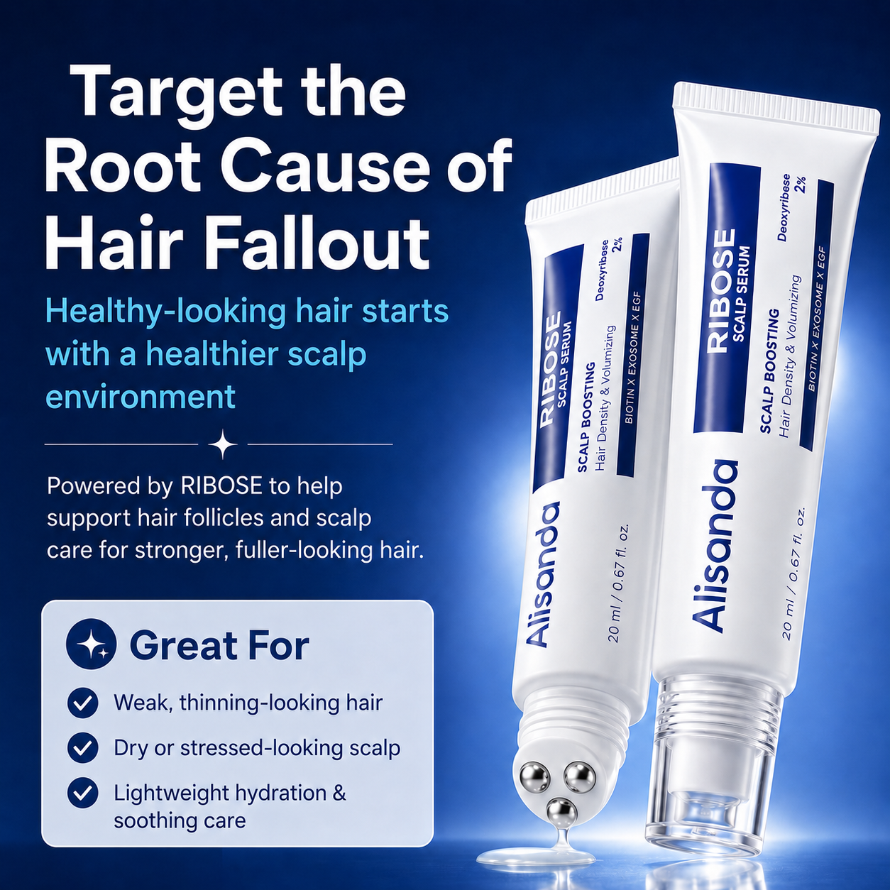 Alisanda RIBOSE Scalp Serum Roll-On for Fuller-Looking Hair – Lightweight Rosemary & Caffeine Scalp Care for Fine, Thin-Looking Hair