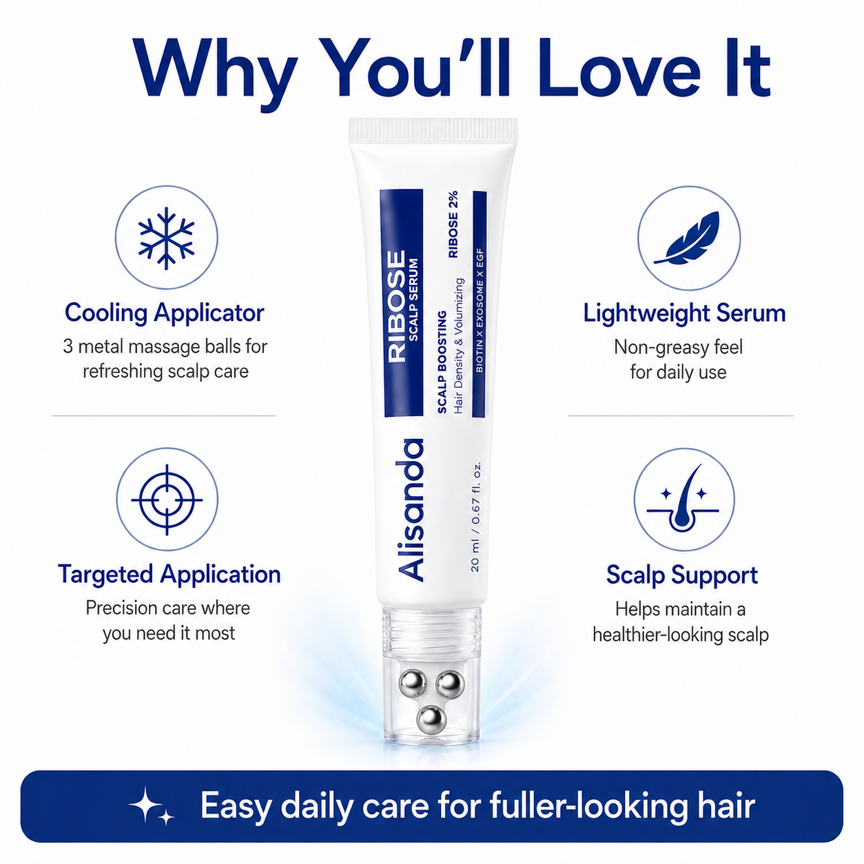 Alisanda RIBOSE Scalp Serum Roll-On for Fuller-Looking Hair – Lightweight Rosemary & Caffeine Scalp Care for Fine, Thin-Looking Hair