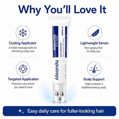 Alisanda RIBOSE Scalp Serum Roll-On for Fuller-Looking Hair – Lightweight Rosemary & Caffeine Scalp Care for Fine, Thin-Looking Hair