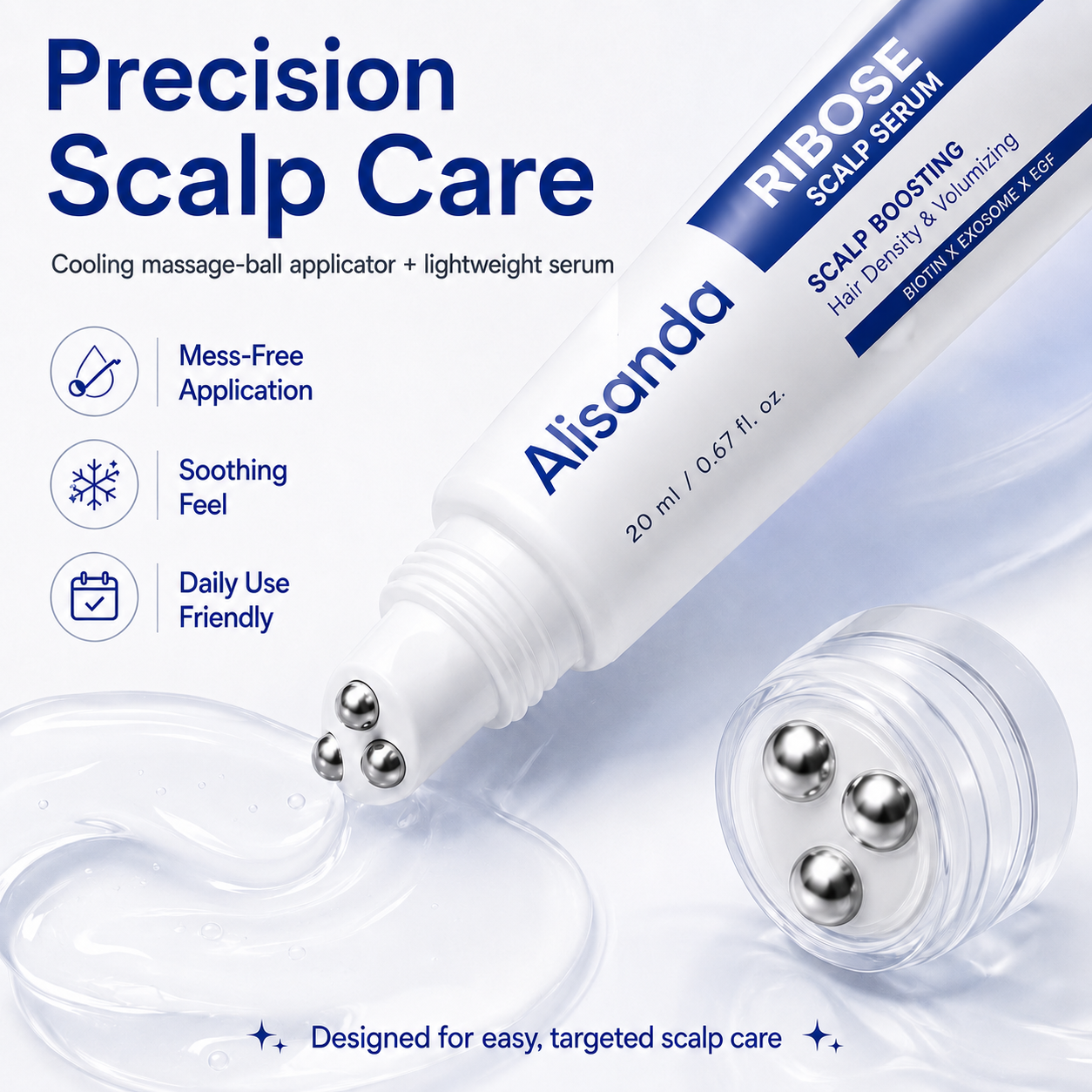 Alisanda RIBOSE Scalp Serum Roll-On for Fuller-Looking Hair – Lightweight Rosemary & Caffeine Scalp Care for Fine, Thin-Looking Hair