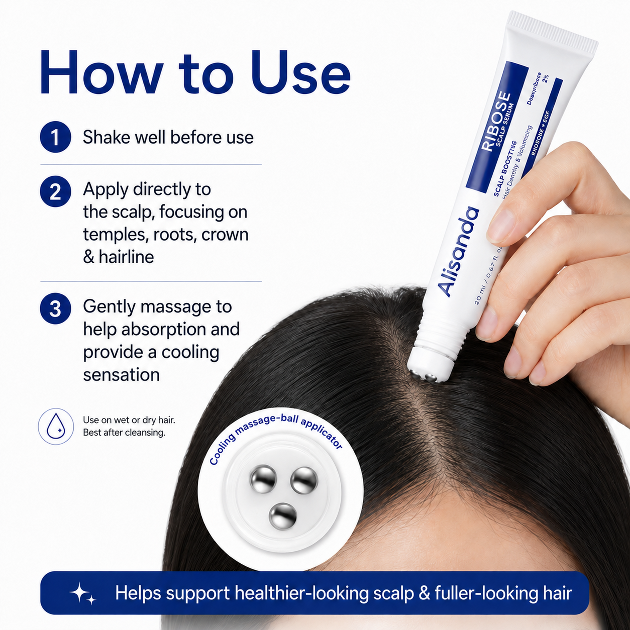 Alisanda RIBOSE Scalp Serum Roll-On for Fuller-Looking Hair – Lightweight Rosemary & Caffeine Scalp Care for Fine, Thin-Looking Hair
