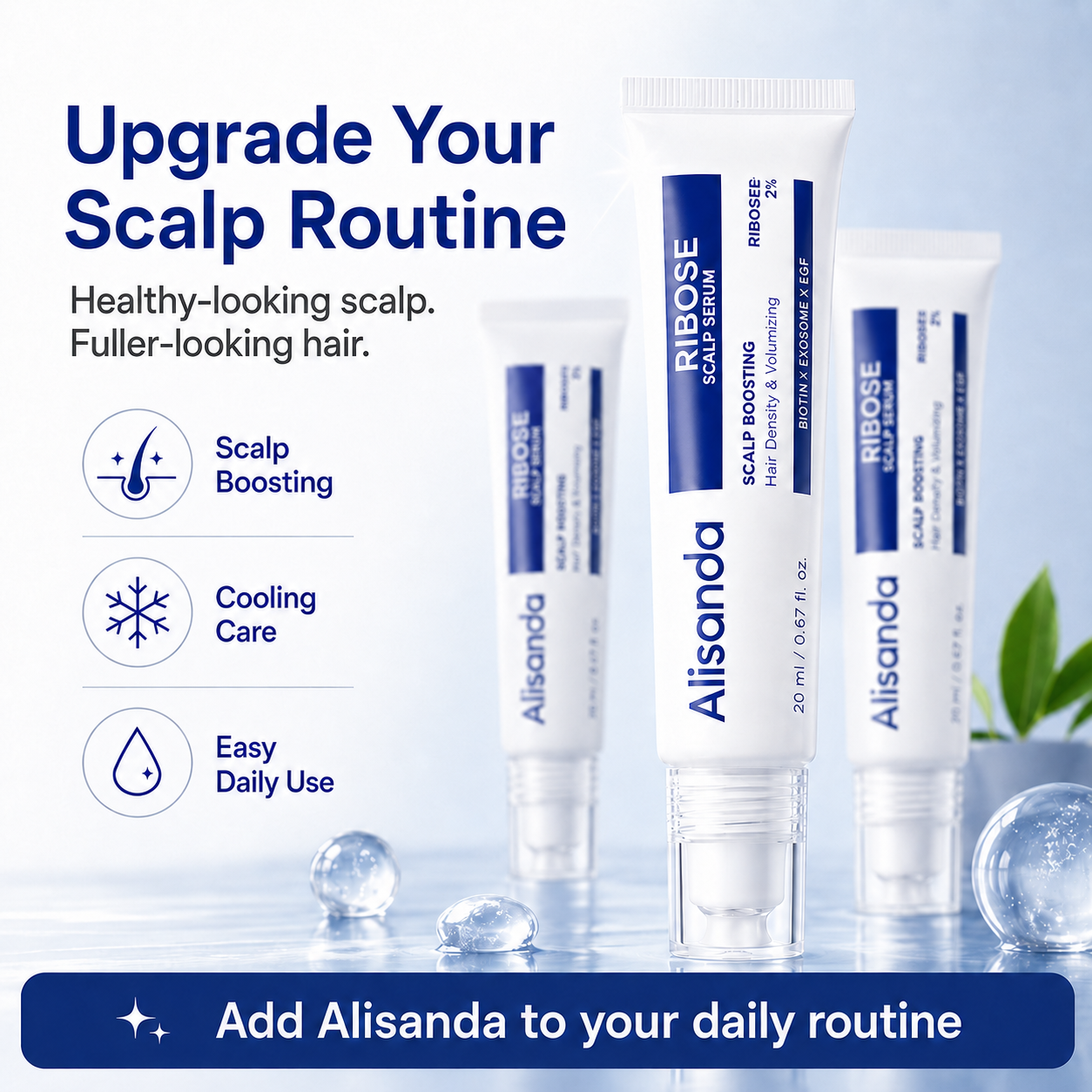 Alisanda RIBOSE Scalp Serum Roll-On for Fuller-Looking Hair – Lightweight Rosemary & Caffeine Scalp Care for Fine, Thin-Looking Hair