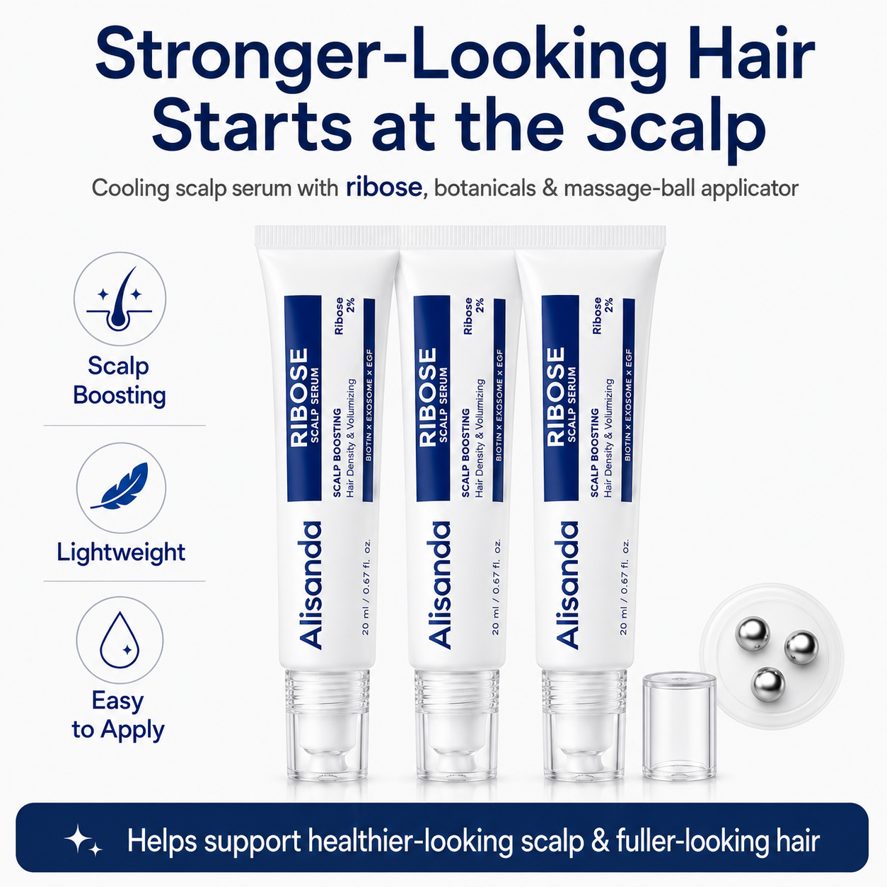 Alisanda RIBOSE Scalp Serum Roll-On for Fuller-Looking Hair – Lightweight Rosemary & Caffeine Scalp Care for Fine, Thin-Looking Hair