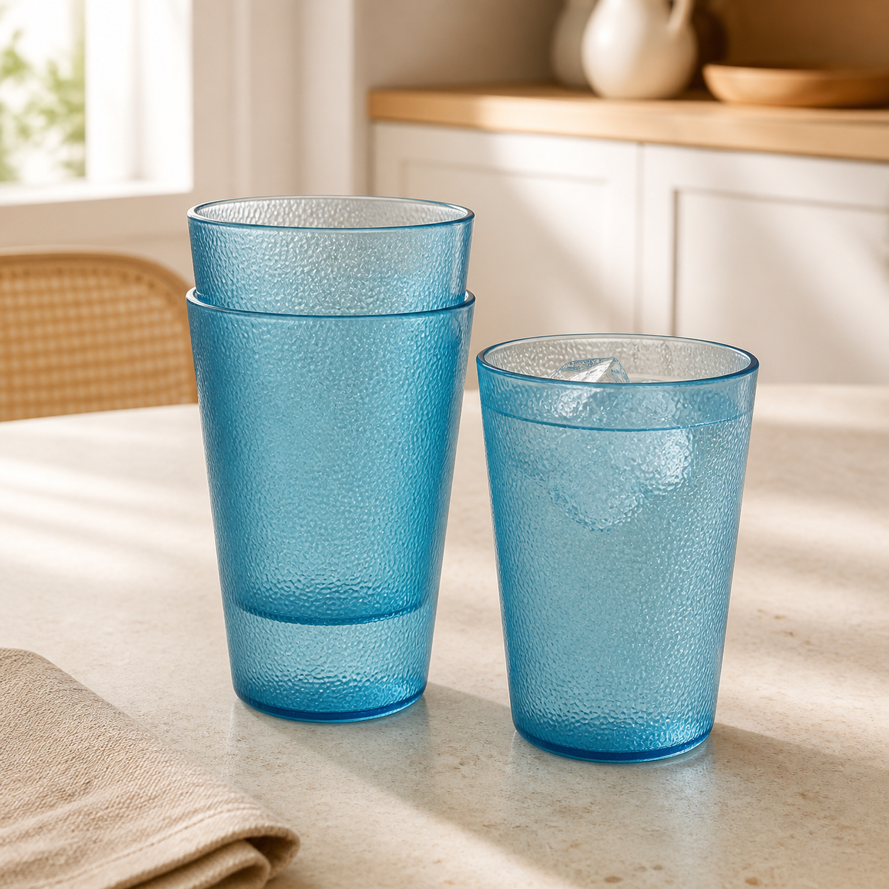 Stacked blue textured tumblers in a warm kitchen setting