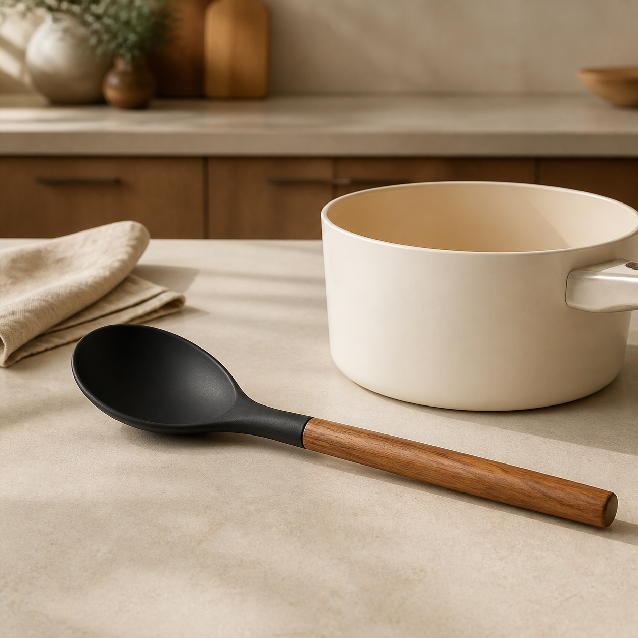Silicone cooking spoon beside a cream saucepan in a warm kitchen