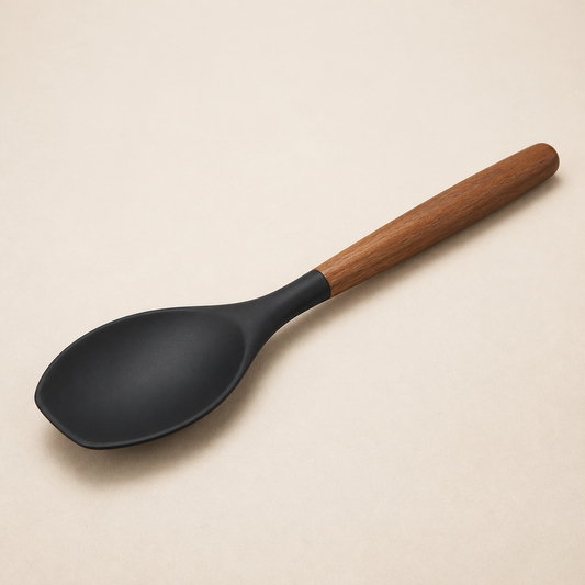 Black silicone cooking spoon with a natural wooden handle