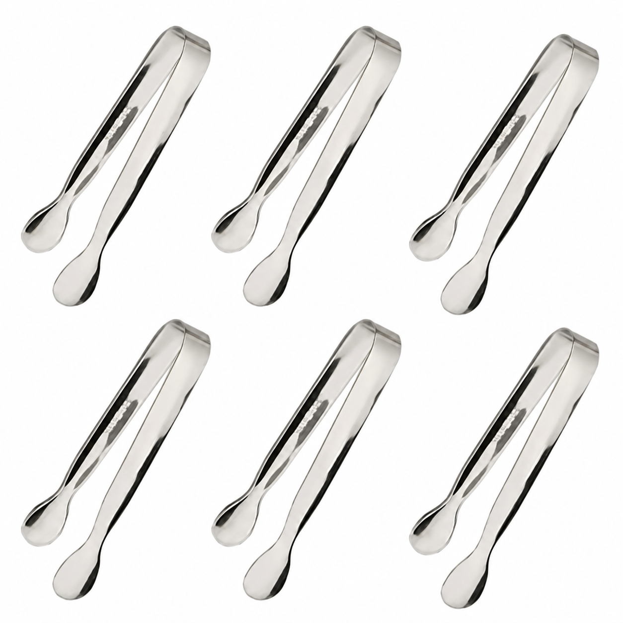 Six mini stainless steel serving tongs arranged on a white background
