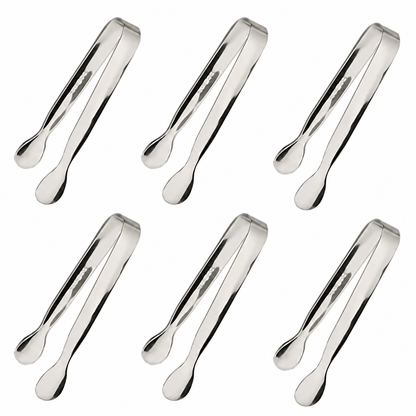 Six mini stainless steel serving tongs arranged on a white background
