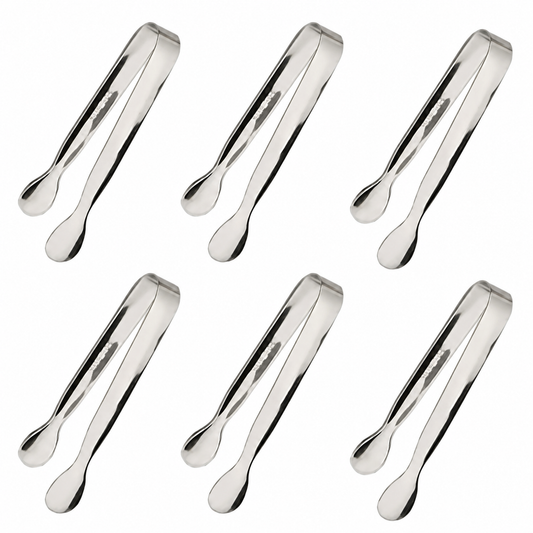 Six mini stainless steel serving tongs arranged on a white background