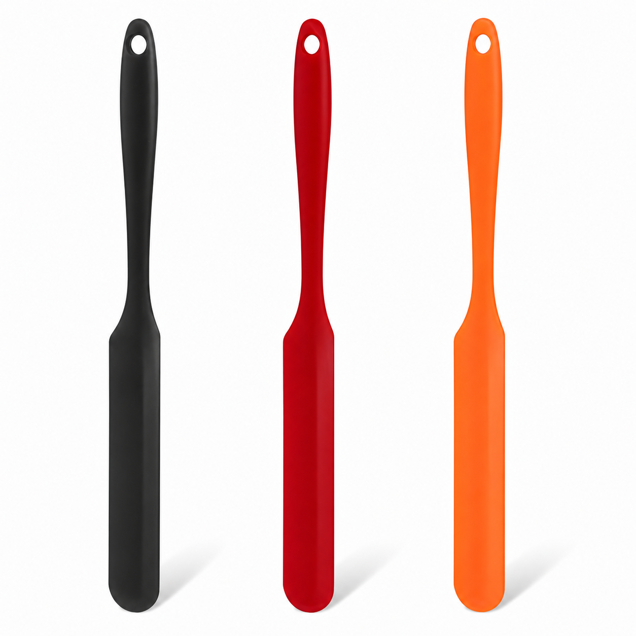 Black, red, and orange long-handle silicone jar spatulas on a white background